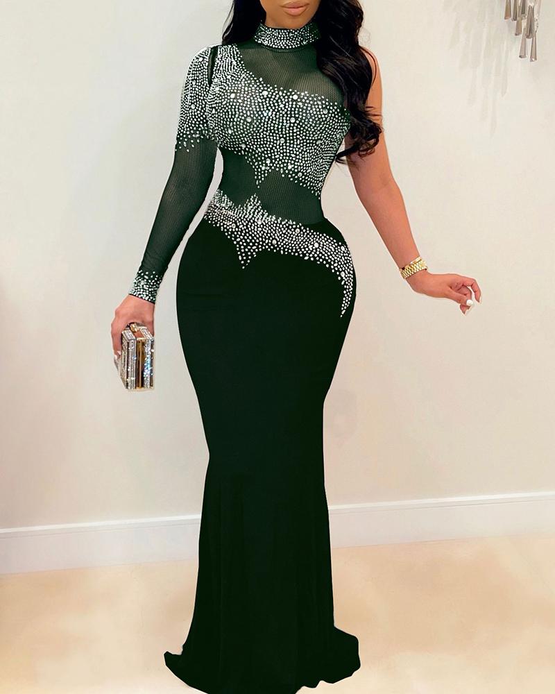 

One Shoulder Sheer Mesh Rhinestone Decor Evening Dress, Green