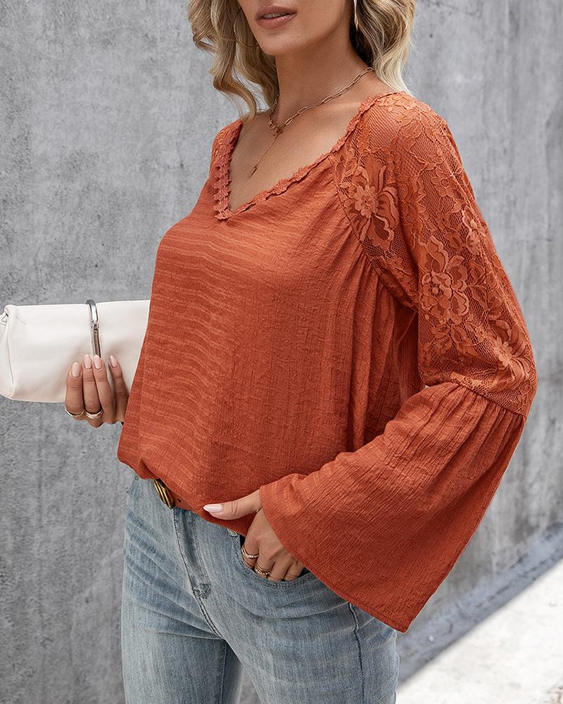 

Crochet Lace Bell Sleeve V Neck Top, Red