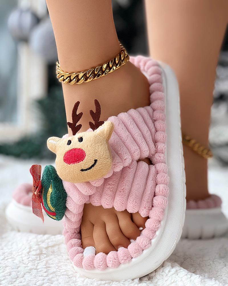 

Christmas Cartoon Elk Santa Pattern Cross Strap Winter Slippers, Pink