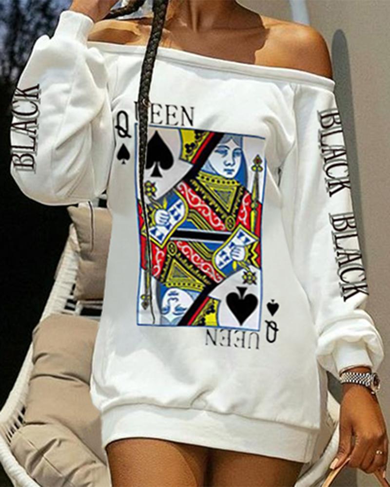 

Letter Poker Print Off Shoulder Lace-Up Casual Dress, White