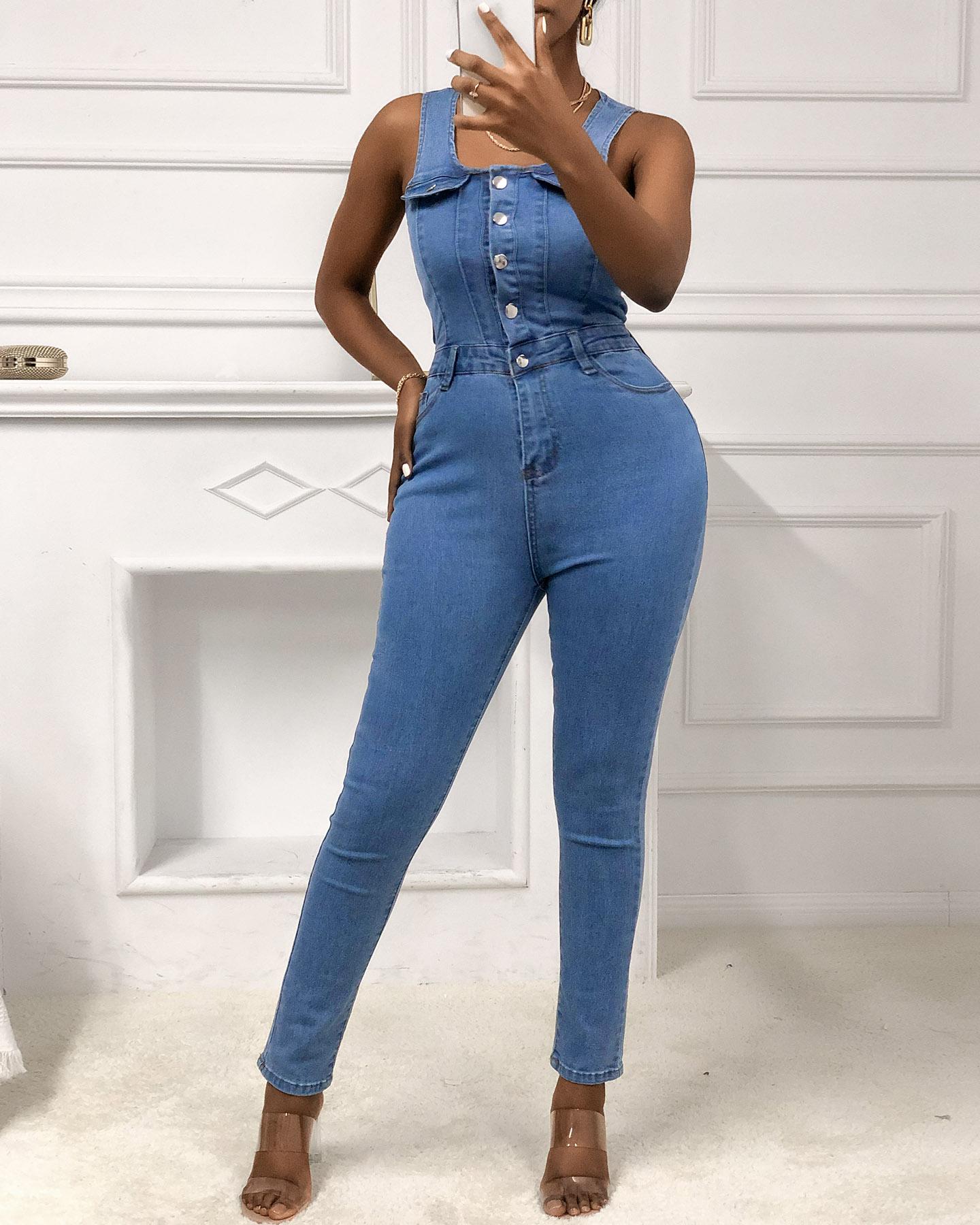 

Button Front Flap Detail Denim Jumpsuit, Blue