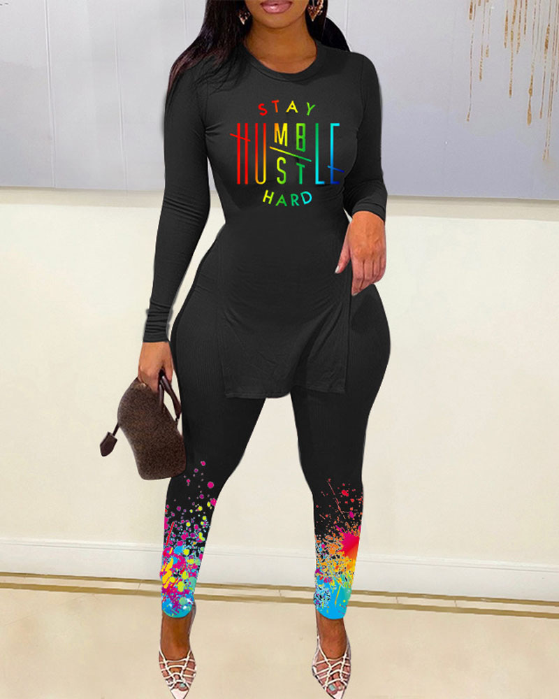 

Ink Splash Letter Print Long Sleeve Split Hem Top & Pants Set, Black