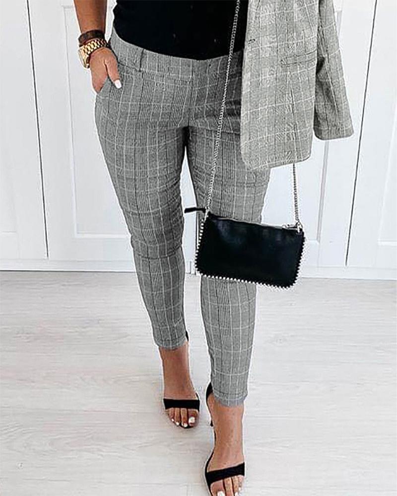 

Plaid Print High Waist Pocket Design Pants, Gray