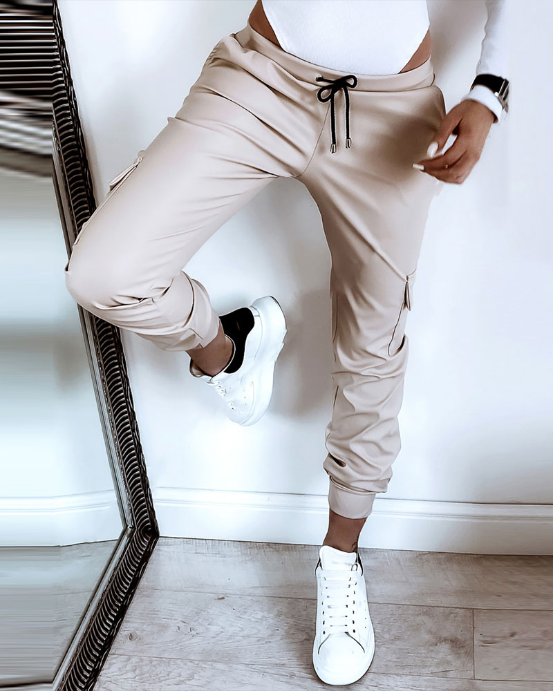 

Drawstring Waist Flap Pocket PU Leather Pants, Apricot