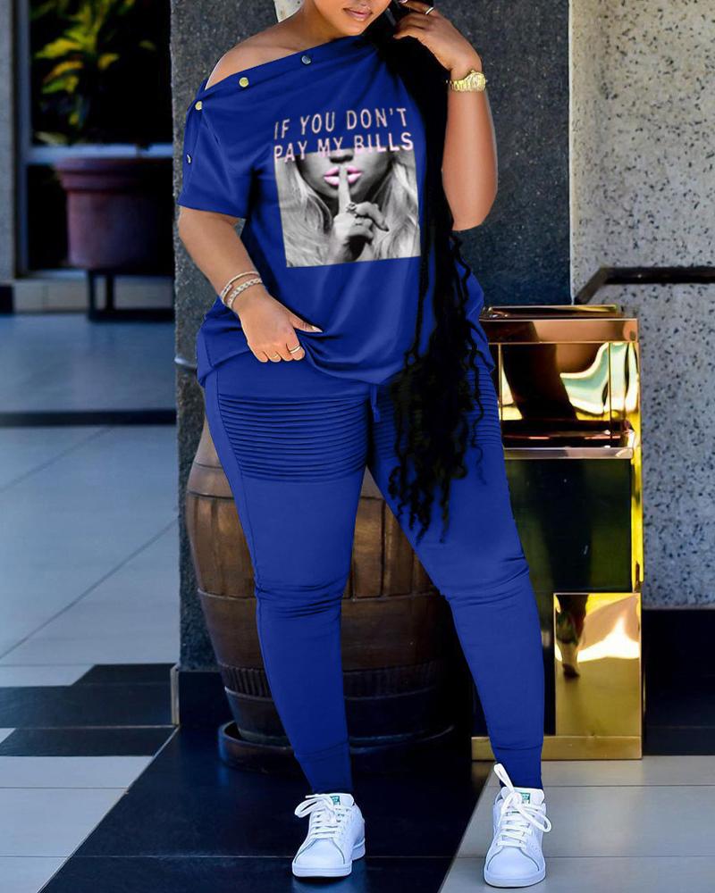 

Plus Size Slogan Print Casual Top & Pants Set, Blue