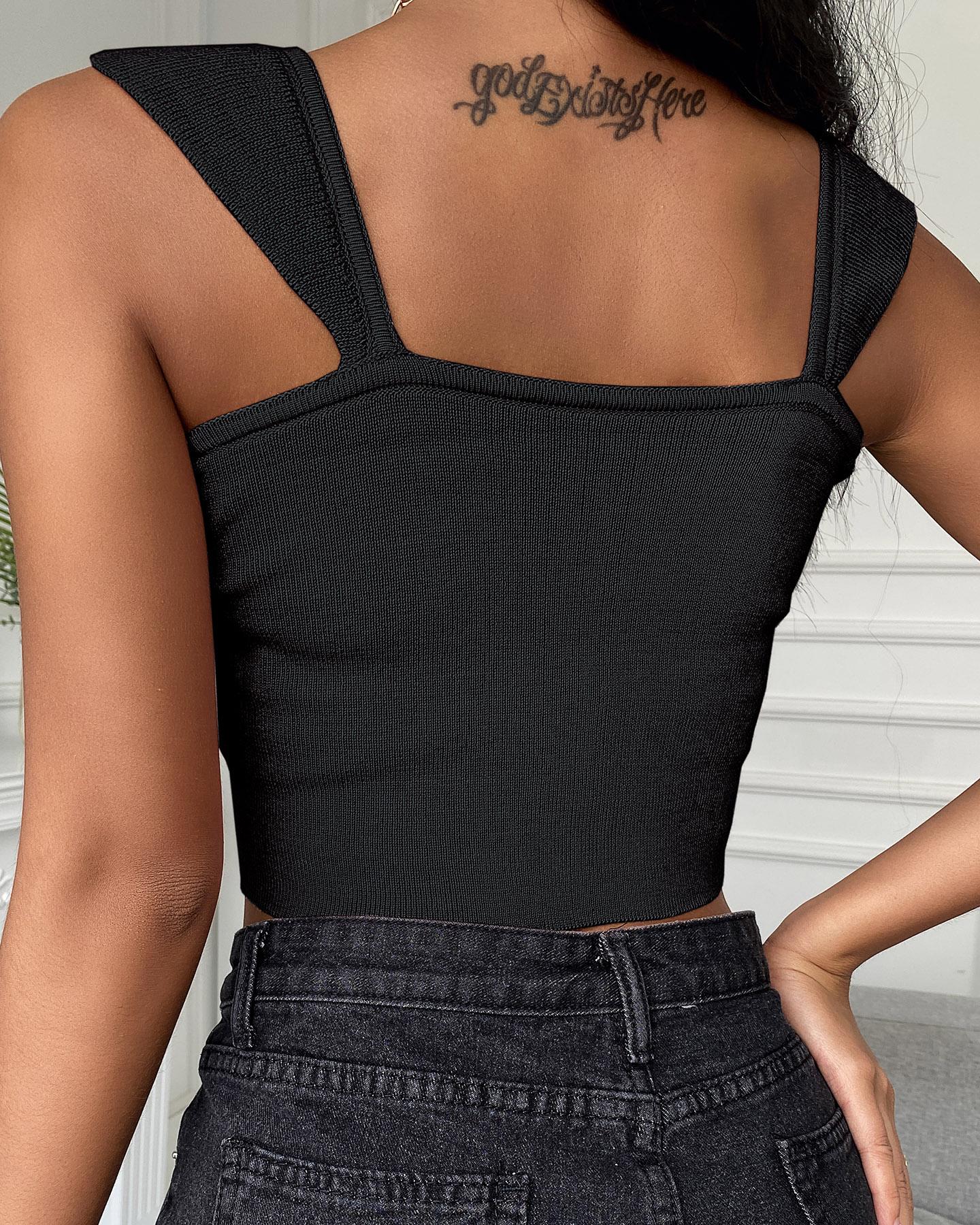 

Plain Thick Strap Drawstring Tank, Black