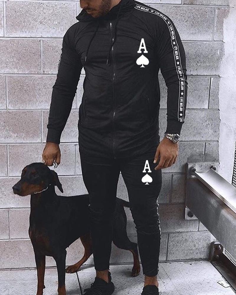 

Solid Color Splicing Poker&Letter Print Long Sleeve Active Sets, Black