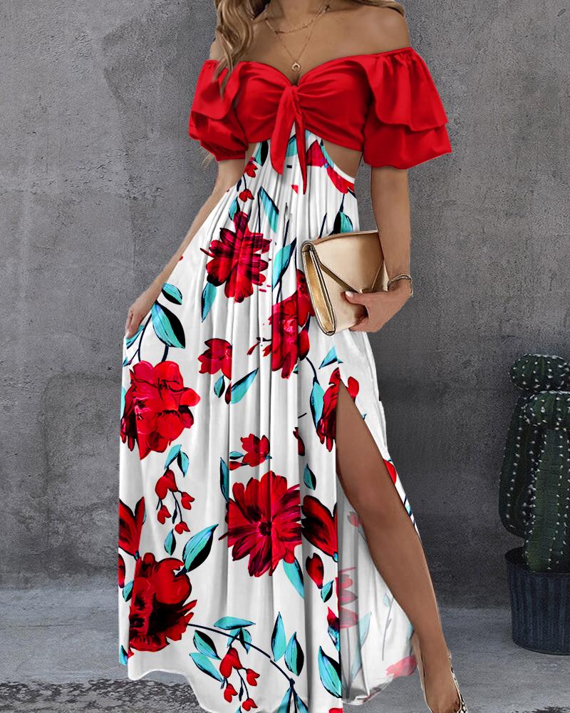 

Floral Print Off Shoulder Cutout Slit Maxi Dress, Red