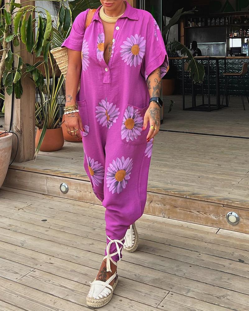 

Sunflower Print Pocket Decor Buttoned Jumpsuit, Purple