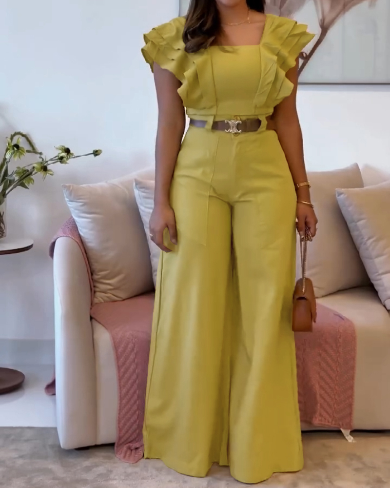 

Conjunto de 2 piezas de pantalones elegantes de cintura alta y pierna ancha con escote cuadrado y mangas con vuelo y parte superior fruncida, Dark yellow