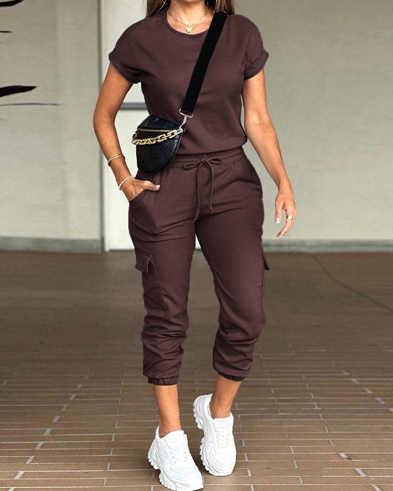 

Round Neck Top & Drawstring Cuffed Pants Set, Coffee