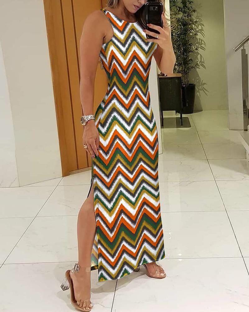 

Chevron Print Split Hem Sleeveless Maxi Dress, Multicolor