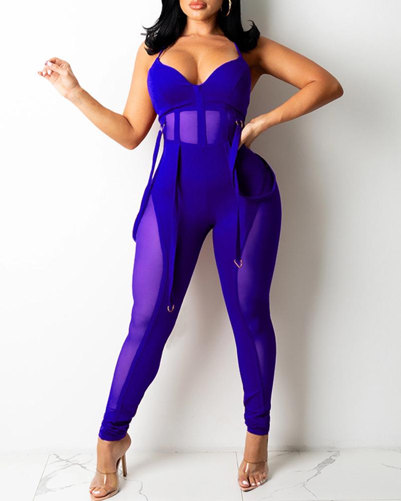 

Spaghetti Strap Sheer Mesh Patch Jumpsuit, Blue