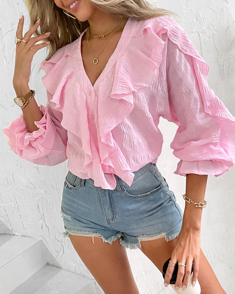 

Ruffle Hem Long Sleeve Textured Blouse, Pink