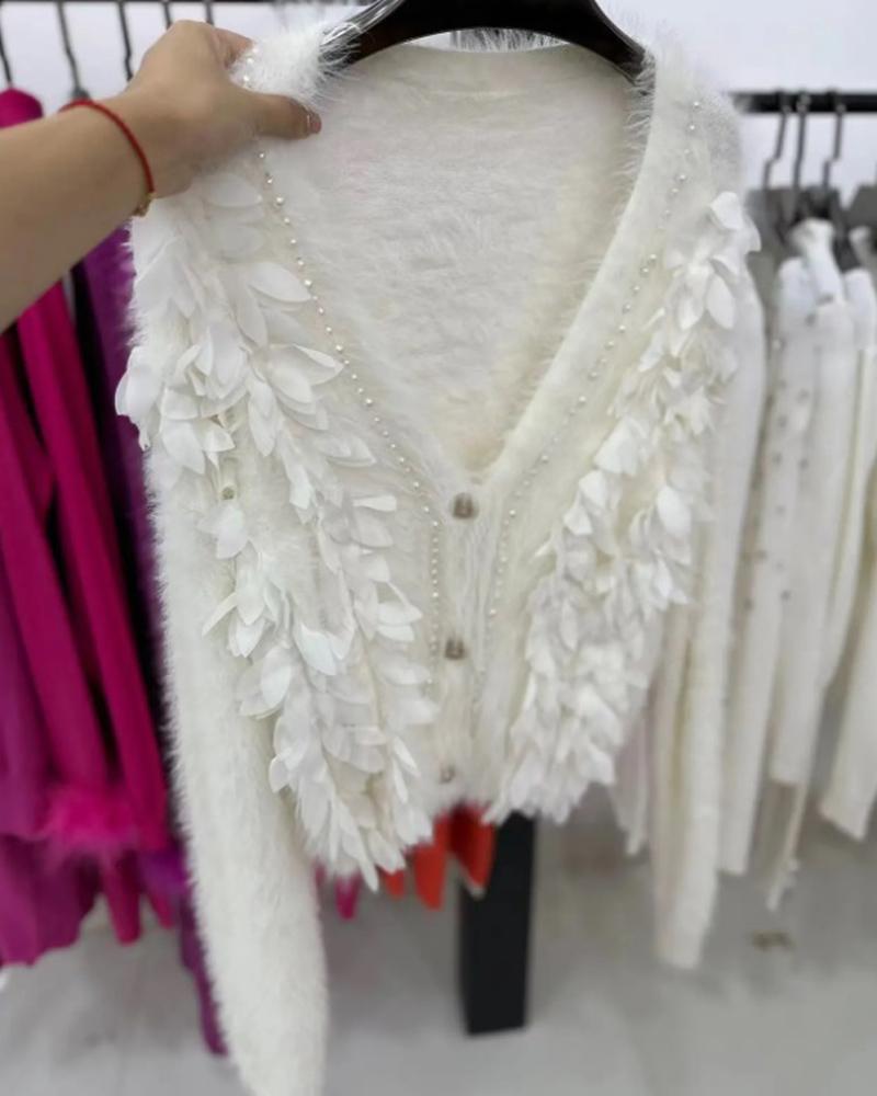 

Floral Pattern Beaded Fuzzy Knit Cardigan, White