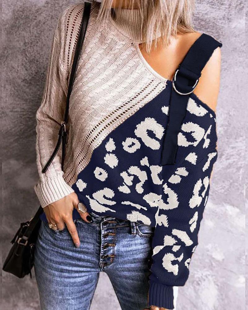 

Cheetah Print Colorblock One Shoulder Buckled Sweater, Blue