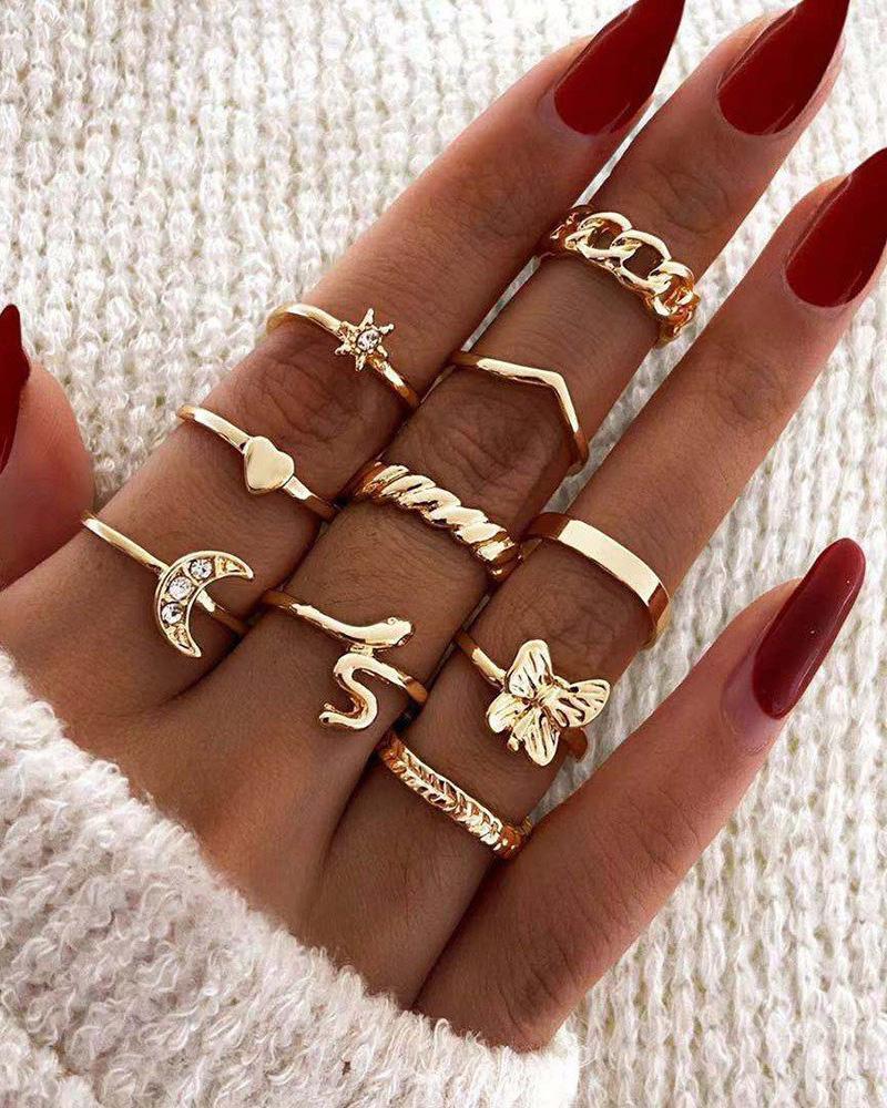 

10PCS Snake Butterfly Moon Heart Pattern Rhinestone Decor Rings Set, Gold