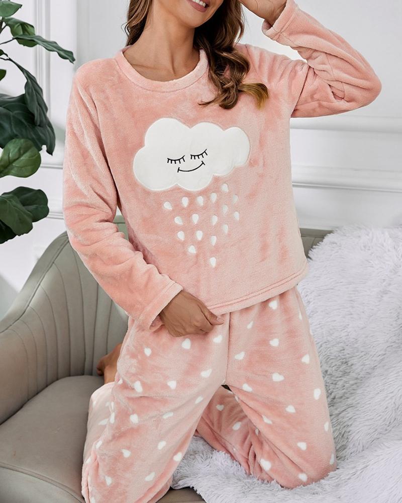 

Heart Print Cloud Embroidery Fluffy Pajamas Set, Pink
