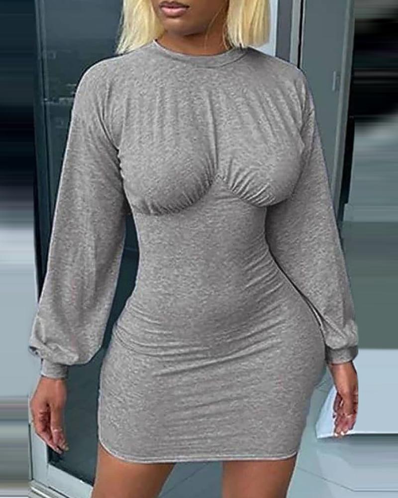 

Lantern Sleeve Ruched Bodycon Dress, Gray
