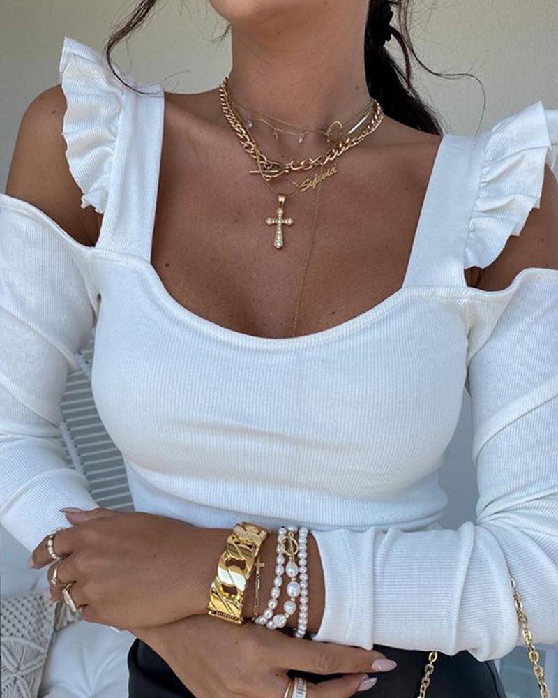 

Cold Shoulder Frill Hem Plain Women Top, White