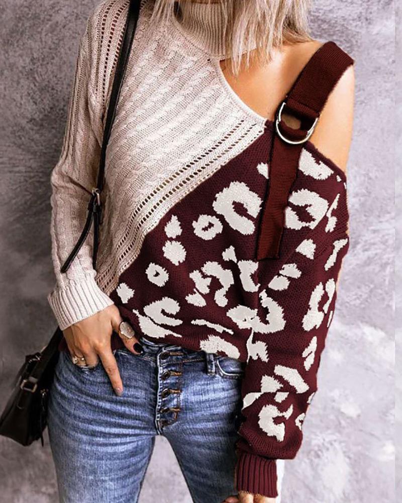 

Cheetah Print Colorblock One Shoulder Buckled Sweater, Red