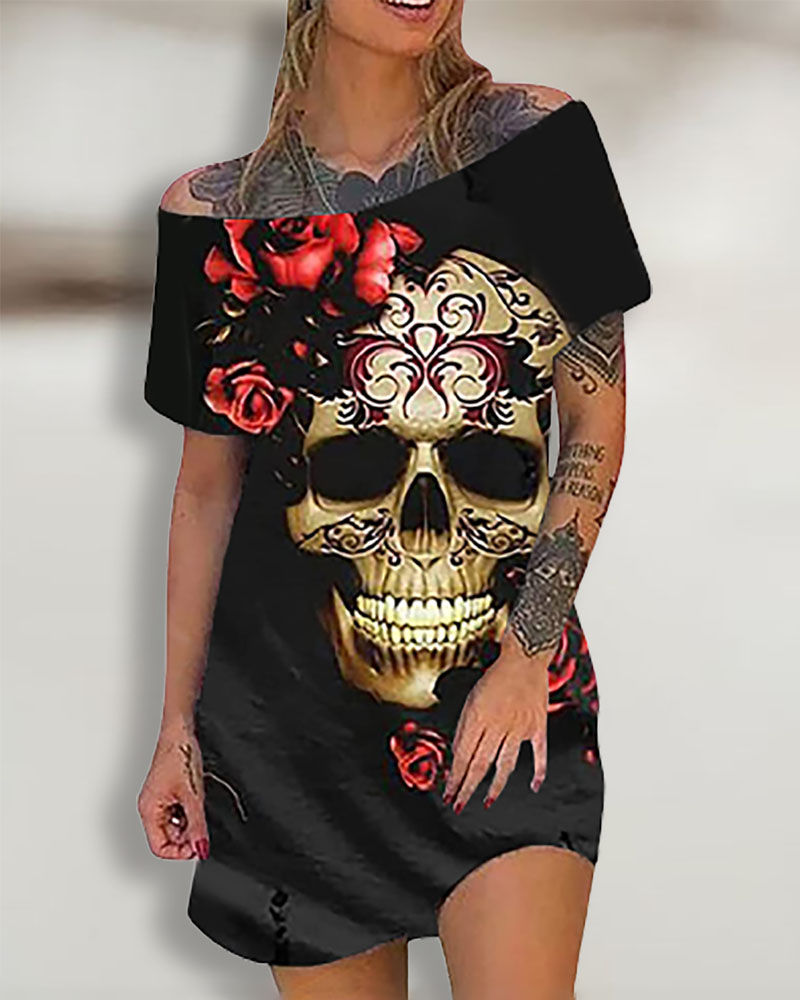 

Halloween Skull Floral Print T-Shirt Dress, Black