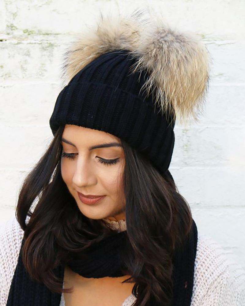 

Double Pom Pom Knit Cuffed Beanie, Black