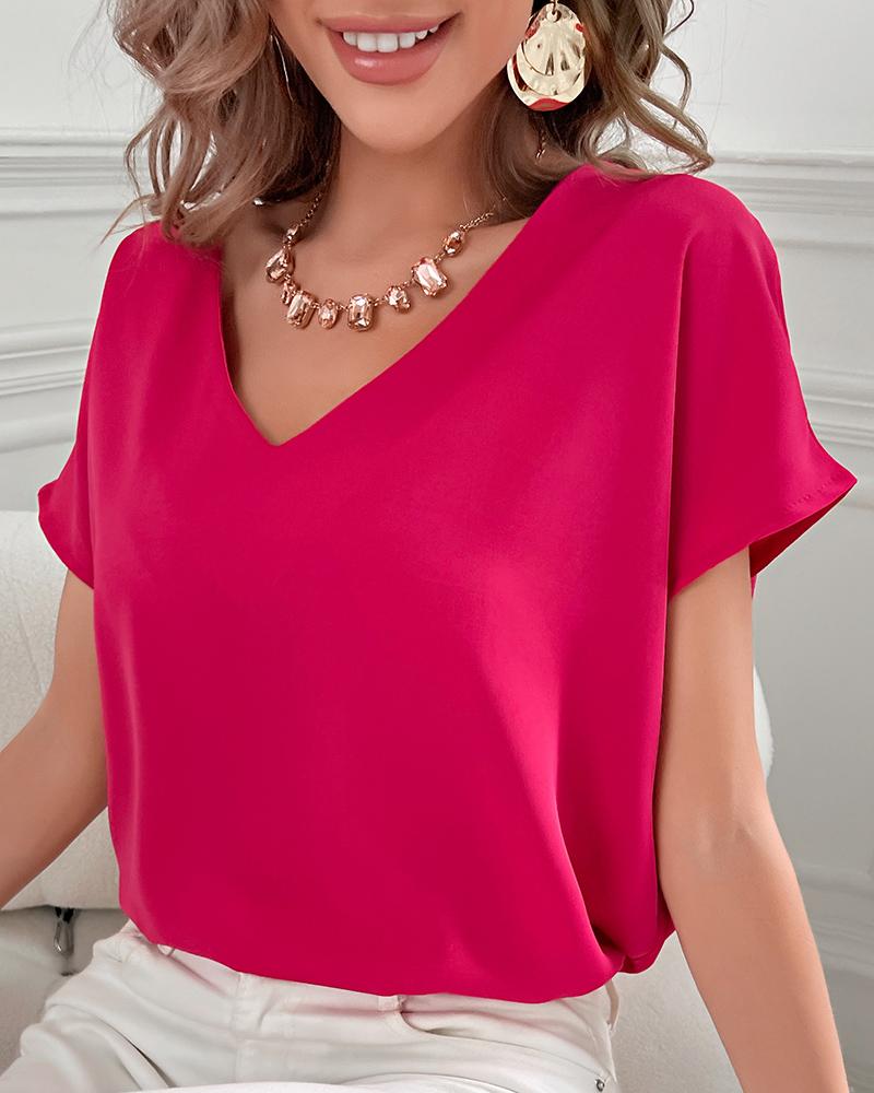 

Batwing Sleeve V-Neck Casual Top, Hot pink