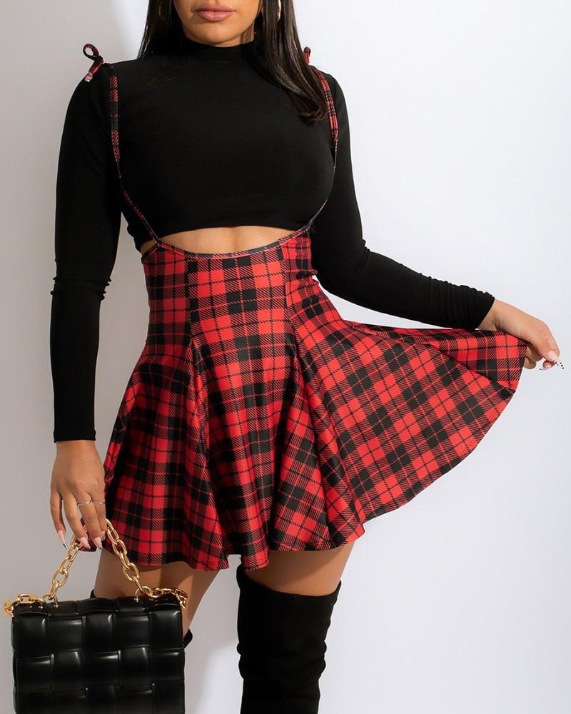

Long Sleeve Top & Plaid Print Suspender Skirt Set, Red