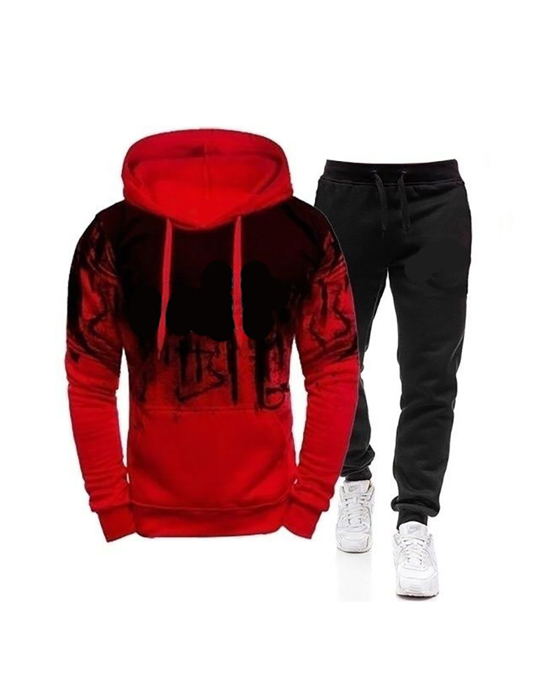 

Men Letter Pattern Colorblock Hooded Top & Pants Set, Red