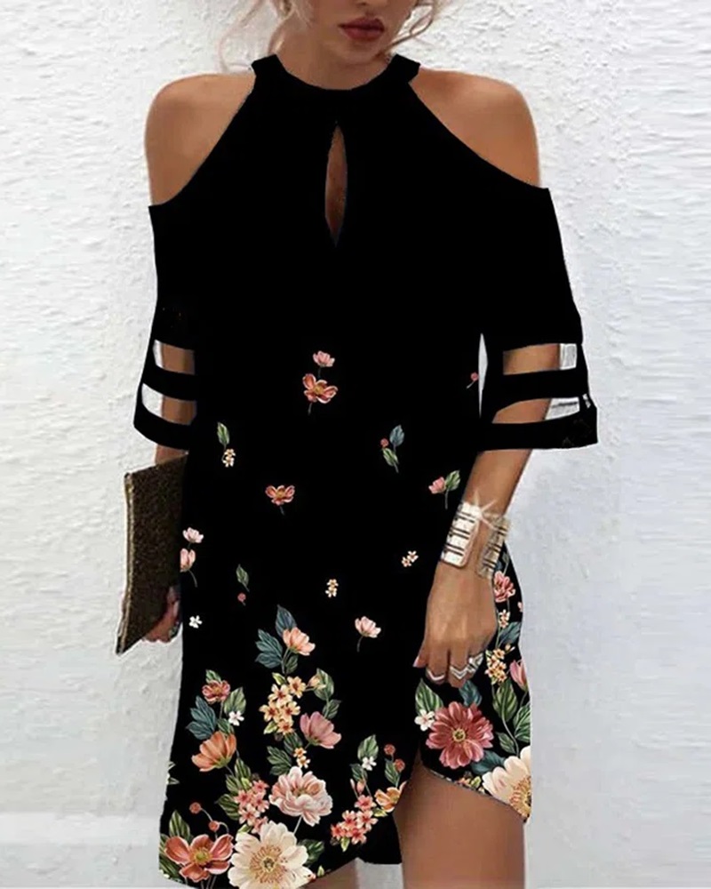 

Floral Print Contrast Mesh Cold Shoulder Casual Dress, Black