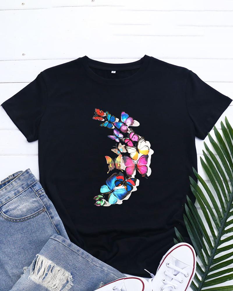 

Butterfly Print Short Sleeve O-Neck Top, Black