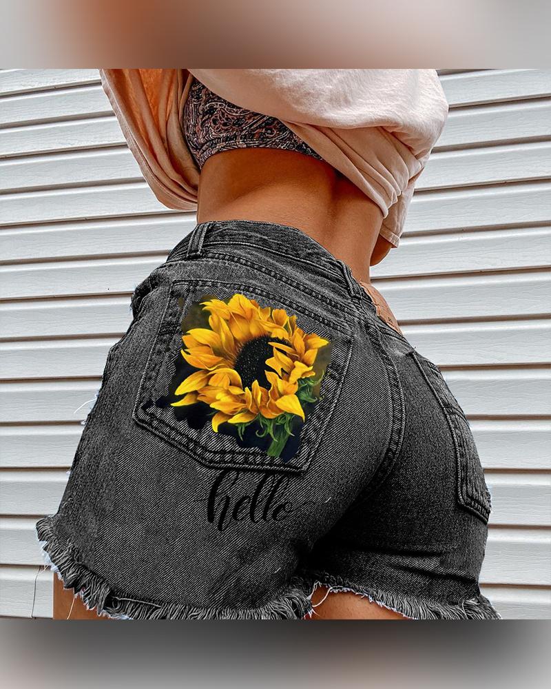 

Solid Color Splicing Sunflower Print Denim Short Pants, Black