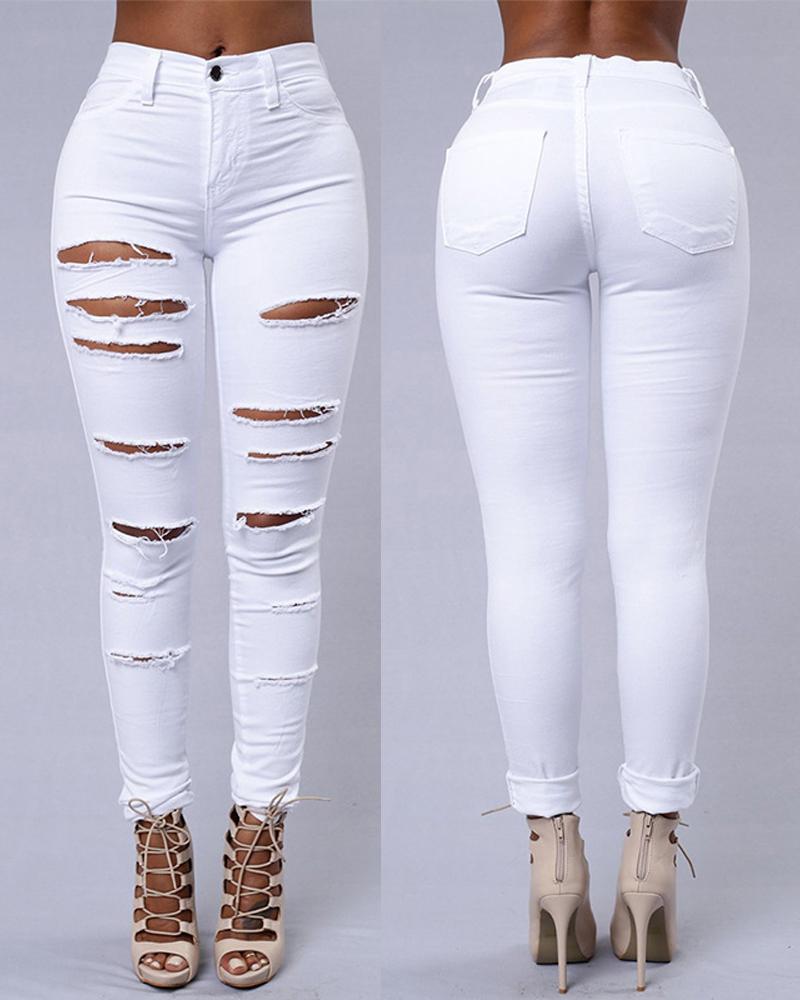 

Zipper Fly Ladder Cutout Ripped Skinny Jeans, White