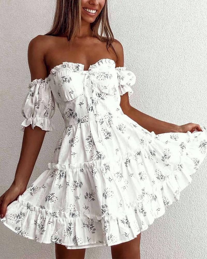 

Floral Ruffle Trim Fit & Flare Dress, White