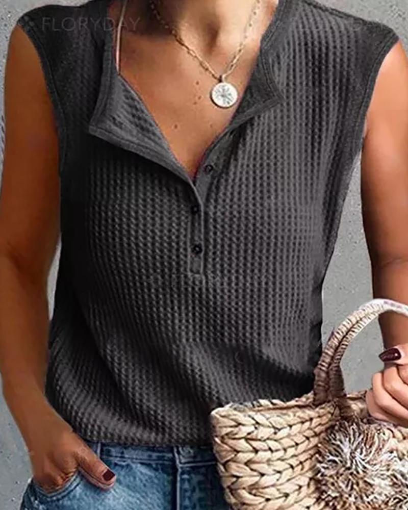 

Button Design Plain Sleeveless Top, Black
