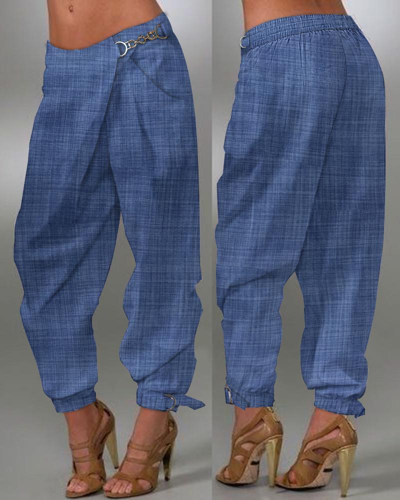 

Chain Decor Pocket Design Cuffed Pants, Blue
