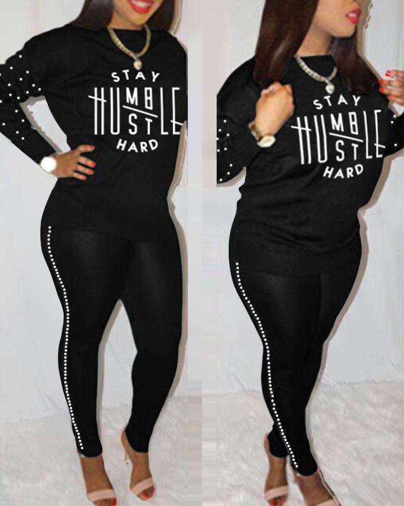 

Letter Print Beaded Decor Casual Top & Pants Set, Black