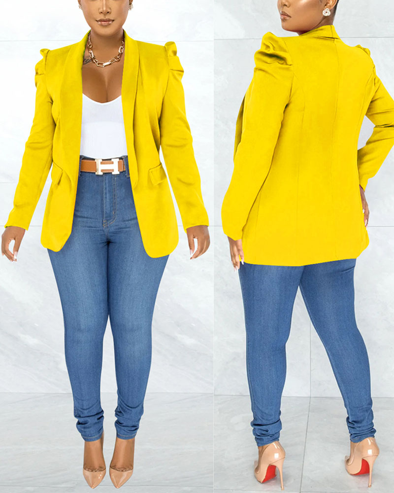 

Puff Sleeve Shawl Collar Blazer, Yellow