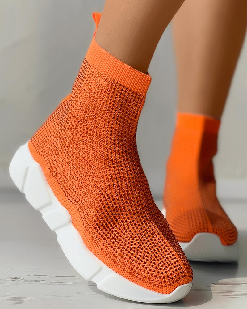 

Contrast Paneled Breathable Knit Casual Sneakers, Orange