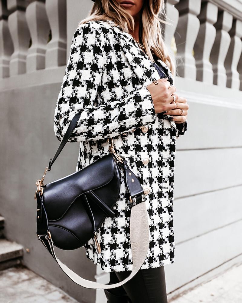 

Plaid Print Double Breasted Blazer Coat, White