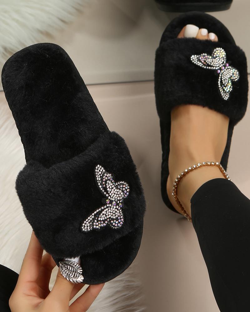 

Butterfly Pattern One Strap Fuzzy Slippers, Black