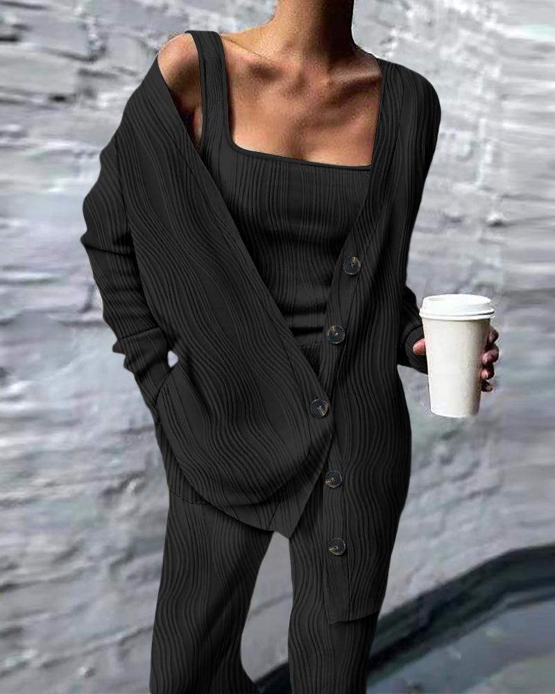 

Textured Tank Top & Pants Set With Buttoned Cardigan, Black