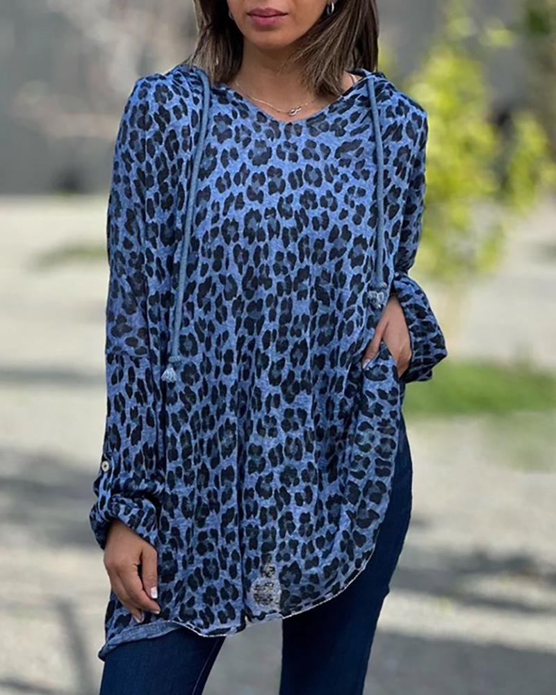

Leopard Print Hooded Casual Top, Blue