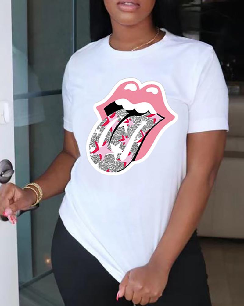 

Lip / Heart Print O Neck Short Sleeve T-Shirt, White