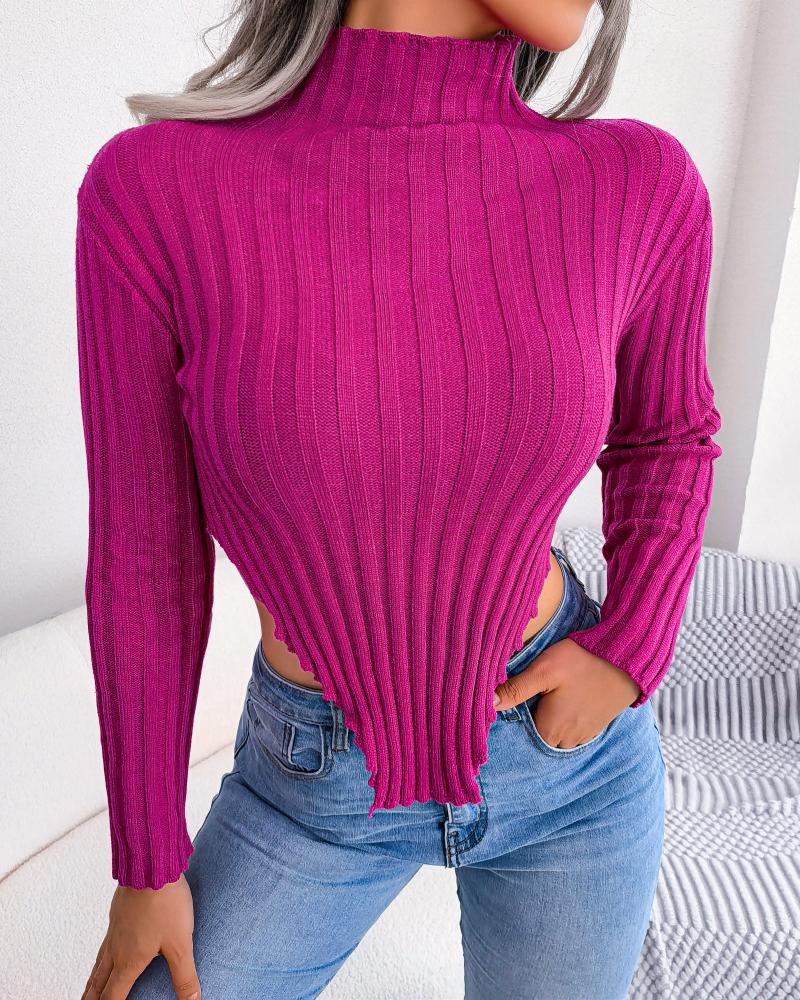 

Long Sleeve Asymmetrical Hem Sweater, Hot pink
