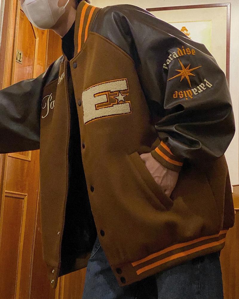 

Color Block Splicing Letter Print Single-breasted Long Sleeve Baseball Jacket, Brown