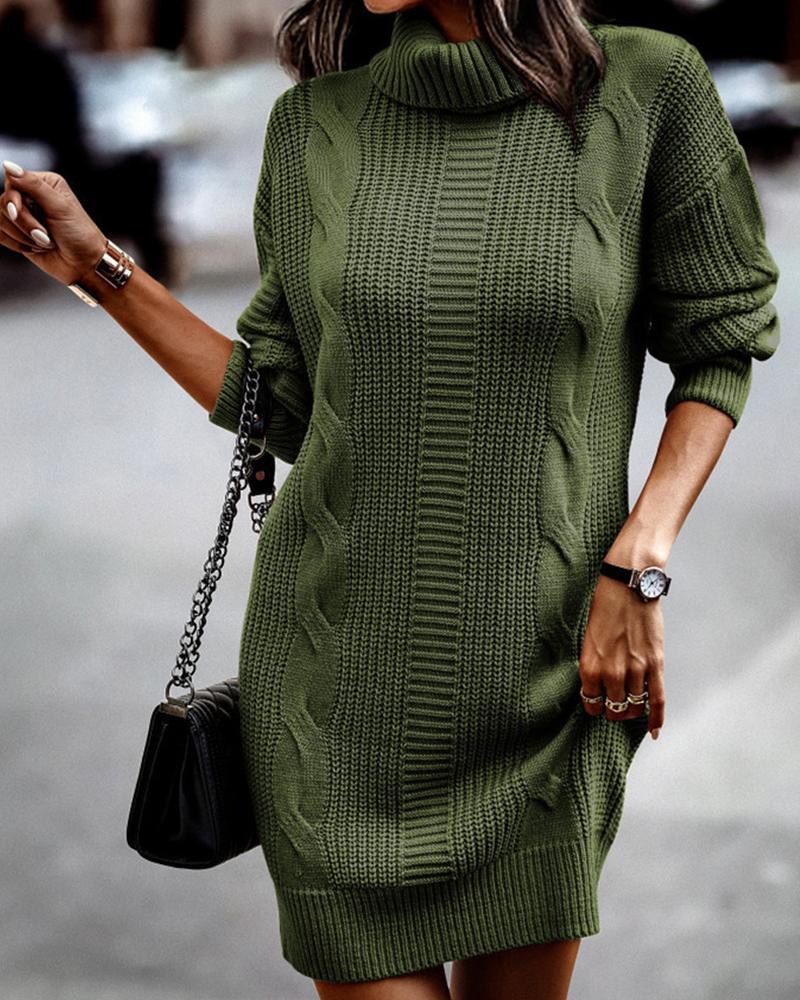 

High Neck Long Sleeve Casual Dress, Army green