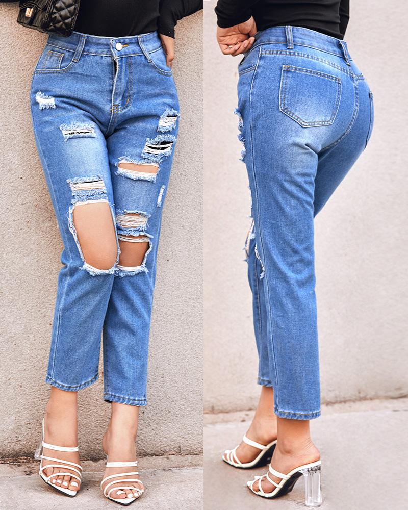 

Ripped Cutout High Waist Button Design Jeans, Blue