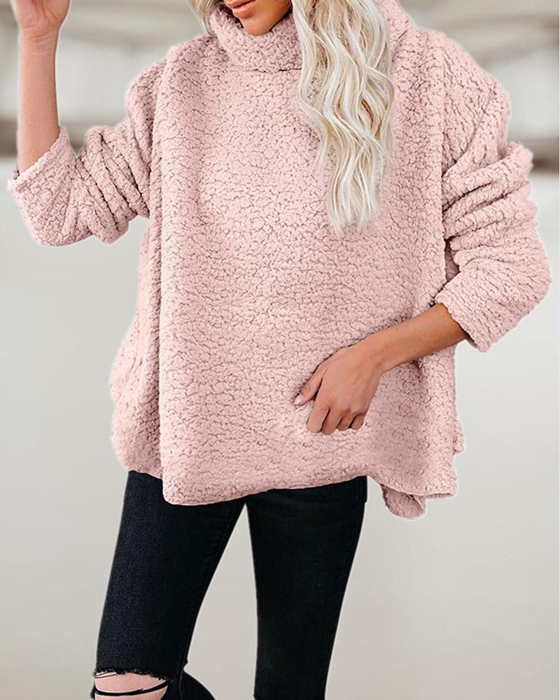 

High Neck Long Sleeve Teddy Coat, Pink